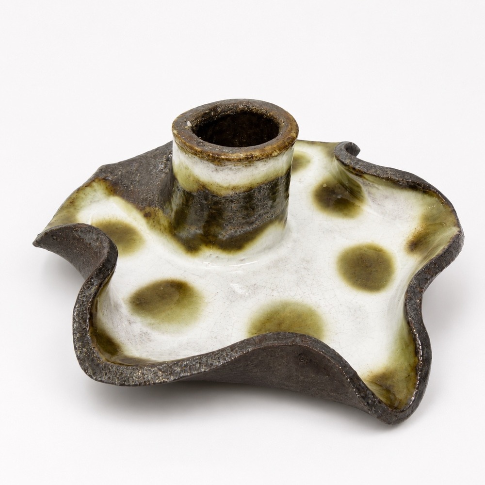 Studio Pottery Signed Chamberstick Candle Holder Polka Dot Brown White Green